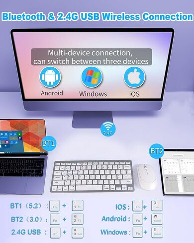 Mini Wireless Keyboard and Mouse Set,(Bluetooth5.2+2.4G)Dual-Mode USB Cordless Keyboard and Silent Mouse Combo, Multimedia Shortcuts for Mac,Computer,PC,Laptop,Battery-powered,QWERTY US Layout,Silver in Kuwait