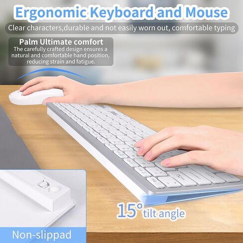 Mini Wireless Keyboard and Mouse Set,(Bluetooth5.2+2.4G)Dual-Mode USB Cordless Keyboard and Silent Mouse Combo, Multimedia Shortcuts for Mac,Computer,PC,Laptop,Battery-powered,QWERTY US Layout,Silver in Kuwait