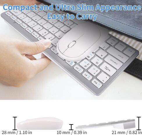 Mini Wireless Keyboard and Mouse Set,(Bluetooth5.2+2.4G)Dual-Mode USB Cordless Keyboard and Silent Mouse Combo, Multimedia Shortcuts for Mac,Computer,PC,Laptop,Battery-powered,QWERTY US Layout,Silver in Kuwait