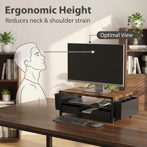 LEKETREE Wood Desk Organizer, 2-Tier Computer Monitor Stand Riser with Storage Drawer and 2 Pen Holders, Laptop & Printer Stand, Shelf for Top of Desk (Rustic Brown) in Saudi Arabia