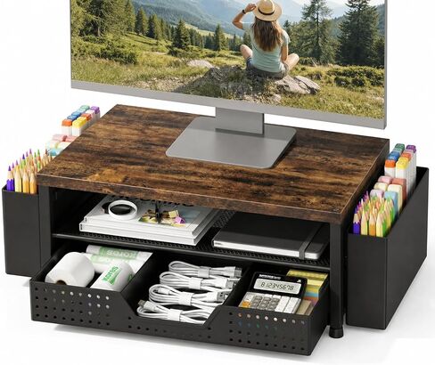 LEKETREE Wood Desk Organizer, 2-Tier Computer Monitor Stand Riser with Storage Drawer and 2 Pen Holders, Laptop & Printer Stand, Shelf for Top of Desk (Rustic Brown) in Kuwait