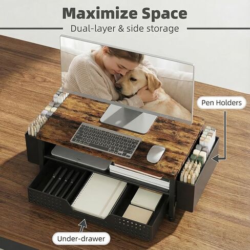 LEKETREE Wood Desk Organizer, 2-Tier Computer Monitor Stand Riser with Storage Drawer and 2 Pen Holders, Laptop & Printer Stand, Shelf for Top of Desk (Rustic Brown) in Saudi Arabia