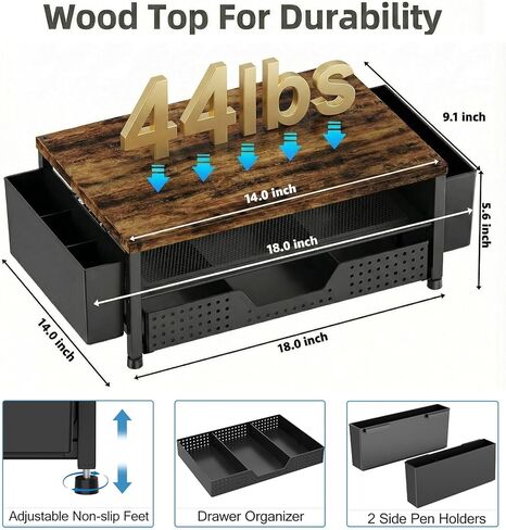 LEKETREE Wood Desk Organizer, 2-Tier Computer Monitor Stand Riser with Storage Drawer and 2 Pen Holders, Laptop & Printer Stand, Shelf for Top of Desk (Rustic Brown) in Kuwait