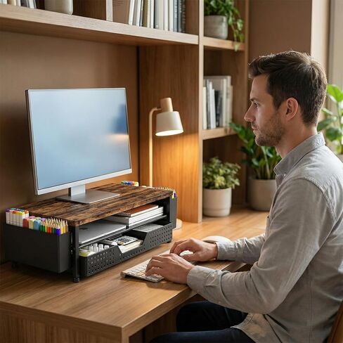 LEKETREE Wood Desk Organizer, 2-Tier Computer Monitor Stand Riser with Storage Drawer and 2 Pen Holders, Laptop & Printer Stand, Shelf for Top of Desk (Rustic Brown) in Saudi Arabia