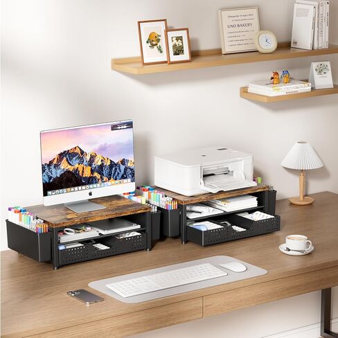LEKETREE Wood Desk Organizer, 2-Tier Computer Monitor Stand Riser with Storage Drawer and 2 Pen Holders, Laptop & Printer Stand, Shelf for Top of Desk (Rustic Brown) in Saudi Arabia