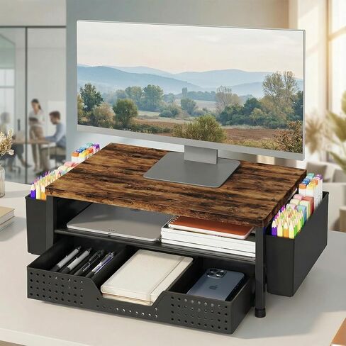 LEKETREE Wood Desk Organizer, 2-Tier Computer Monitor Stand Riser with Storage Drawer and 2 Pen Holders, Laptop & Printer Stand, Shelf for Top of Desk (Rustic Brown) in Kuwait