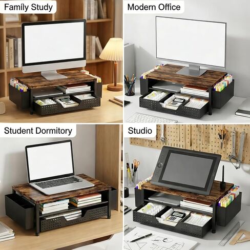 LEKETREE Wood Desk Organizer, 2-Tier Computer Monitor Stand Riser with Storage Drawer and 2 Pen Holders, Laptop & Printer Stand, Shelf for Top of Desk (Rustic Brown) in Kuwait