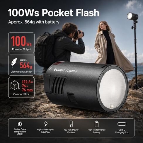 Godox AD100Pro II AD100PROII Flash 100Ws Strobe Light with 3300mAh Battery,One-Touch Sync with X3/X3Pro, 490 Full Power Flashes, 2.4G TTL 1/8000s HSS, 0.01~1.5s Recycle Time in Saudi Arabia