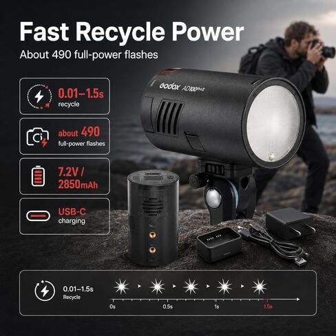 Godox AD100Pro II AD100PROII Flash 100Ws Strobe Light with 3300mAh Battery,One-Touch Sync with X3/X3Pro, 490 Full Power Flashes, 2.4G TTL 1/8000s HSS, 0.01~1.5s Recycle Time in Saudi Arabia