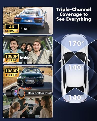 4K 3 Channel Dash Cam Front and Rear Inside with WiFi 6 & GPS, 4K+1080P+1080P Dash Camera for Cars, FREE 64GB Card, IR Night Vision, 24H Parking Mode,Dashcam for Family & Rideshare Driver(V1) in Saudi Arabia