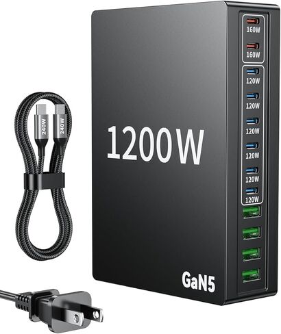 كتلة شاحن USB C بقوة 1200 واط. محطة شحن سريعة لشاحن MacBook Pro 12 منفذ 140 واط PD PPS AVS HUB لجميع هواتف iPhone 17 Pro Max/17 Air/16 SE/Samsung Galaxy 25/ MacBook Pro/Air/iPad Pro/240W in Kuwait