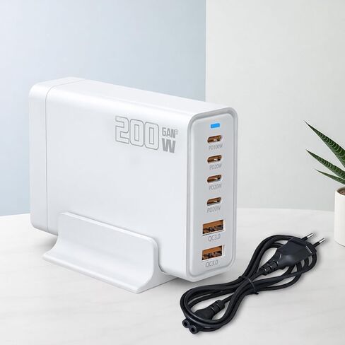 200W 6-Port USB C Charger with Notched Base, Multiple with 4 USB-C and 2 USB-A, US Fast Charger PD 3.0 Power Adapter, Power Supply Compatible with iPhone 17 16 Pro/Pro Max, EU Plug in Kuwait
