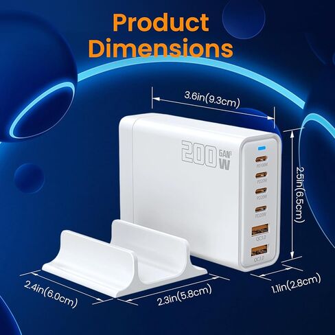 200W 6-Port USB C Charger with Notched Base, Multiple with 4 USB-C and 2 USB-A, US Fast Charger PD 3.0 Power Adapter, Power Supply Compatible with iPhone 17 16 Pro/Pro Max, EU Plug in Kuwait