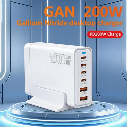 200W 6-Port USB C Charger with Notched Base, Multiple with 4 USB-C and 2 USB-A, US Fast Charger PD 3.0 Power Adapter, Power Supply Compatible with iPhone 17 16 Pro/Pro Max, EU Plug in Kuwait