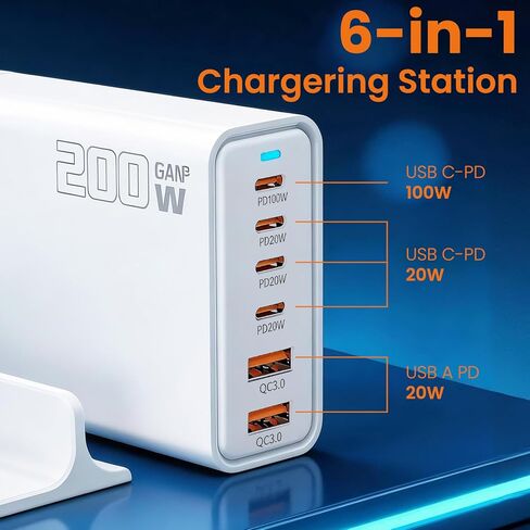 200W 6-Port USB C Charger with Notched Base, Multiple with 4 USB-C and 2 USB-A, US Fast Charger PD 3.0 Power Adapter, Power Supply Compatible with iPhone 17 16 Pro/Pro Max, EU Plug in Kuwait