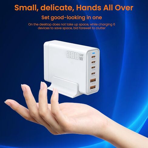 200W 6-Port USB C Charger with Notched Base, Multiple with 4 USB-C and 2 USB-A, US Fast Charger PD 3.0 Power Adapter, Power Supply Compatible with iPhone 17 16 Pro/Pro Max, EU Plug in Kuwait