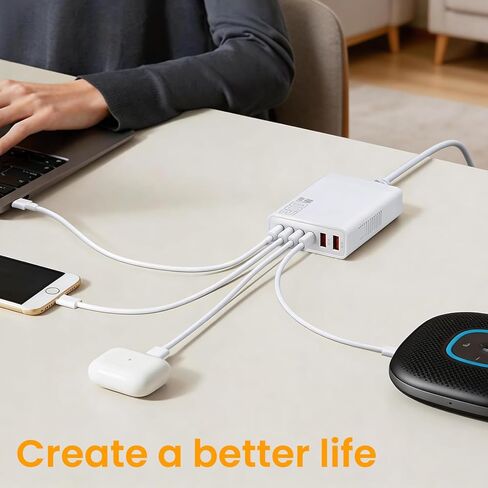 200W 6-Port USB C Charger with Notched Base, Multiple with 4 USB-C and 2 USB-A, US Fast Charger PD 3.0 Power Adapter, Power Supply Compatible with iPhone 17 16 Pro/Pro Max, EU Plug in Kuwait