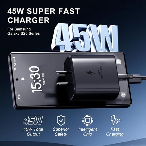 مجموعة شاحن سامسونج فائق السرعة من النوع C، شاحن حائط/سيارة 45 وات PD USB C لهاتف Samsung Galaxy S26/S25/S24/S23/S22/Plus/Ultra/FE/Note 20/10/A71،2020/2018 Pad Pro/Air، مع كابل USB C-to-C (6.6 قدم) in Kuwait