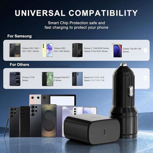 مجموعة شاحن سامسونج فائق السرعة من النوع C، شاحن حائط/سيارة 45 وات PD USB C لهاتف Samsung Galaxy S26/S25/S24/S23/S22/Plus/Ultra/FE/Note 20/10/A71،2020/2018 Pad Pro/Air، مع كابل USB C-to-C (6.6 قدم) in Kuwait