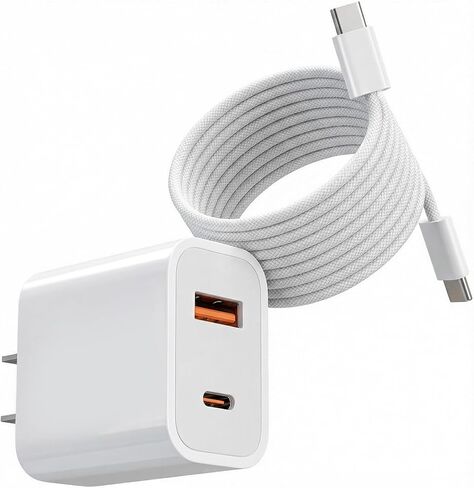 شاحن حائط USB C مزدوج المنفذ بقدرة 30 وات مع كابل USB-C إلى USB-C بطول 5 أقدام، [USB-C + USB-A] كتلة شحن فعالة لهاتف iPhone 17 16 15 Pro Max وiPad Pro وPixel in Kuwait