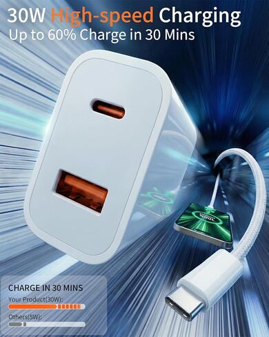 شاحن حائط USB C مزدوج المنفذ بقدرة 30 وات مع كابل USB-C إلى USB-C بطول 5 أقدام، [USB-C + USB-A] كتلة شحن فعالة لهاتف iPhone 17 16 15 Pro Max وiPad Pro وPixel in Kuwait