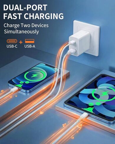 شاحن حائط USB C مزدوج المنفذ بقدرة 30 وات مع كابل USB-C إلى USB-C بطول 5 أقدام، [USB-C + USB-A] كتلة شحن فعالة لهاتف iPhone 17 16 15 Pro Max وiPad Pro وPixel in Kuwait