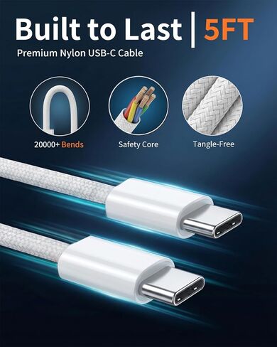 شاحن حائط USB C مزدوج المنفذ بقدرة 30 وات مع كابل USB-C إلى USB-C بطول 5 أقدام، [USB-C + USB-A] كتلة شحن فعالة لهاتف iPhone 17 16 15 Pro Max وiPad Pro وPixel in Kuwait