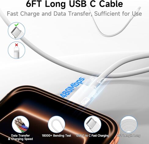 قطعتان لشاحن iPhone 16 باللون الوردي من النوع C للشحن السريع، سلك كتلة شاحن USB C 20 وات لهاتف iPhone 15/16 Pro Max وiPad Pro وPixel 9/8/7، مع كابل USBC طويل 6FT in Kuwait