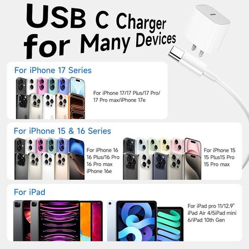 قطعتان لشاحن iPhone 16 باللون الوردي من النوع C للشحن السريع، سلك كتلة شاحن USB C 20 وات لهاتف iPhone 15/16 Pro Max وiPad Pro وPixel 9/8/7، مع كابل USBC طويل 6FT in Kuwait