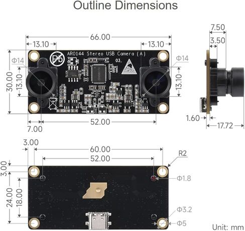 AR0144 2MP Stereo USB Camera Module, AR0144 Sensor Chip, USB2.0 Port, Synchronized Same-Frame Output, 52mm Baseline, Featuring Distortion-Free Lenses (A) @XYGStudy in Kuwait