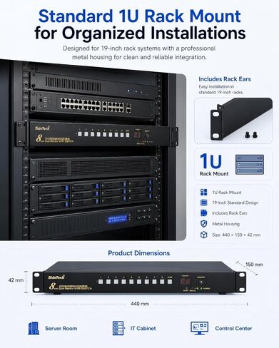 محول JideTech 8 منافذ HDMI KVM 4K@60 هرتز، محور USB 3.0، دعم الصوت، محاكي EDID، مفتاح التشغيل السريع للوحة المفاتيح، مفتاح الماوس، جهاز تحكم عن بعد بالأشعة تحت الحمراء، تحكم RS232، حامل حامل 1U لنظام التشغيل Windows Mac Linux in Kuwait