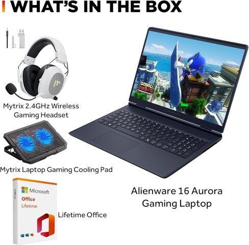 لاب توب Alienware 16 Aurora، شاشة 16 بوصة WQXGA 120 هرتز، Intel Core 7-240H Series 2، NVIDIA GeForce RTX 5060، ذاكرة الوصول العشوائي DDR5 سعة 32 جيجابايت، 1 تيرابايت SSD، Wi-Fi 7، Windows 11 Pro، مع ملحقات Mytrix ومكتب مدى الحياة - أزرق in Kuwait