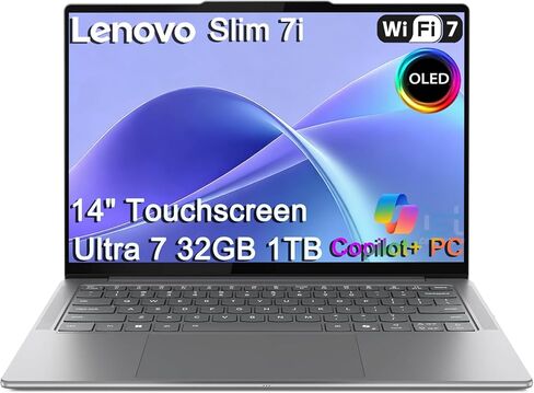 كمبيوتر محمول Lenovo Slim 7i Aura Edition AI (شاشة لمس 14 بوصة FHD+ OLED، Intel Core Ultra 7 258V، 32GB DDR5، 1TB SSD) Copilot+ PC، رفيع للغاية، عمر بطارية 17 ساعة، كاميرا ويب 5MP IR، Wi-Fi 7، Win 11 Pro in Kuwait