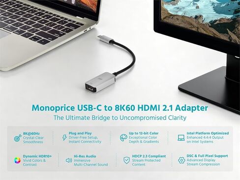 محول Monoprice USB-C إلى 8K60 HDMI 2.1 - حل عرض فائق الدقة متوافق مع MacBook Pro/Air، iPad، iPhone 15/16، للمبدعين واللاعبين والمحترفين in Kuwait