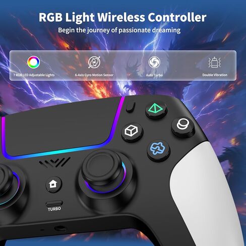 وحدة تحكم لاسلكية لجهاز PS5 مع RGB LED، TURBO، اهتزاز مزدوج، مستشعر جيروسكوبي 6 محاور، لوحة لمس، مريحة لوحدة تحكم Playstation 5، متوافقة مع PlayStation 5/PC/Mac، مضادة للانزلاق باللونين الأبيض والأسود in Kuwait