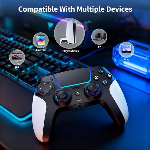 وحدة تحكم لاسلكية لجهاز PS5 مع RGB LED، TURBO، اهتزاز مزدوج، مستشعر جيروسكوبي 6 محاور، لوحة لمس، مريحة لوحدة تحكم Playstation 5، متوافقة مع PlayStation 5/PC/Mac، مضادة للانزلاق باللونين الأبيض والأسود in Kuwait