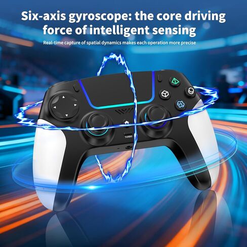 وحدة تحكم لاسلكية لجهاز PS5 مع RGB LED، TURBO، اهتزاز مزدوج، مستشعر جيروسكوبي 6 محاور، لوحة لمس، مريحة لوحدة تحكم Playstation 5، متوافقة مع PlayStation 5/PC/Mac، مضادة للانزلاق باللونين الأبيض والأسود in Kuwait