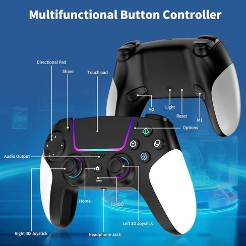 وحدة تحكم لاسلكية لجهاز PS5 مع RGB LED، TURBO، اهتزاز مزدوج، مستشعر جيروسكوبي 6 محاور، لوحة لمس، مريحة لوحدة تحكم Playstation 5، متوافقة مع PlayStation 5/PC/Mac، مضادة للانزلاق باللونين الأبيض والأسود in Kuwait
