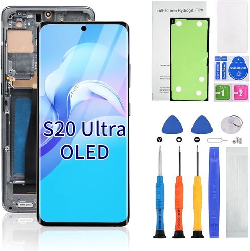 OLED for Samsung Galaxy S20 Ultra 5G Screen Replacement OLED Display SM-G988B SM-G988U Digitizer Touch Screen Assembly with Frame + Tools + Replacement Guid Supports Fingerprint (S20Ultra-Silver) in Saudi Arabia