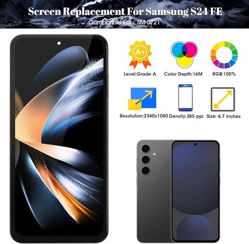 TFT لهاتف Samsung Galaxy S24 FE شاشة LCD لشاشة Samsung SM-S721B SM-S721U استبدال شاشة SM-S721W SM-S7210 شاشة LCD SM-S721N طقم إصلاح مجموعة رقمنة اللمس (6.7 بوصة، أسود مع إطار) in Kuwait