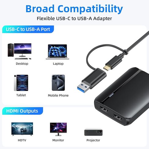 MOKiN HDMI Splitter for Dual Monitors, 4K@30Hz HDMI Splitter Extended Display for macOS/Windows, USB C/USB A 3.0 to Dual Hdmi Adapter for MacBook, Dell, Lenovo, HP (4K@30Hz+1080p) in Kuwait