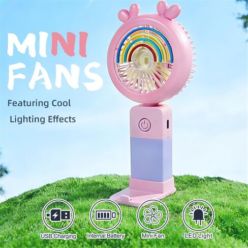 Cartoon Mini Desktop Fan With Base, Portable USB Charging With Light, Handheld Small 1Pcs(Pink) in Saudi Arabia