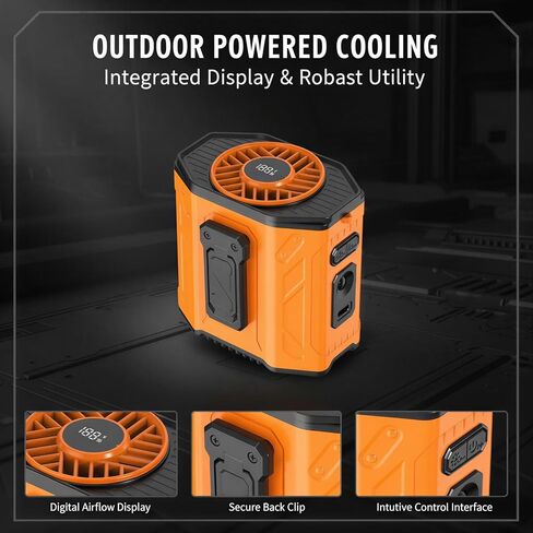 Orange Personal Waist Fan with 100-Speed Airflow, 3-6 Hour Battery Life, USB-C Charging, Integrated LED Display, Flashlight & SOS, Hanging Fan for Outdoor Jobsite Cooling in Kuwait
