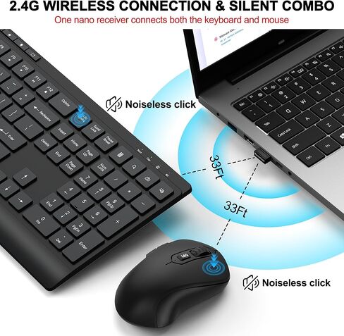 مجموعة لوحة مفاتيح وماوس لاسلكية، EDJO 2.4G لوحة مفاتيح مريحة كاملة الحجم مع مسند راحة اليد وماوس قابل للتعديل 5 DPI، مجموعة ماوس لوحة مفاتيح صامتة خالية من التأخر لنظام التشغيل Windows/Mac/الكمبيوتر/الكمبيوتر المحمول/سطح المكتب (أسود) in Kuwait