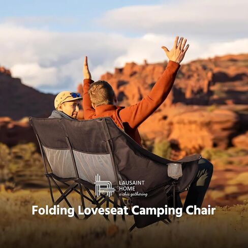 LAUSAINT HOME Double Camping Chair, Oversized Camping Loveseat with Cup Holder, Heavy Duty Portable Camping Couch, Outdoor Double Folding Chair for Patio, Lawn and Garden, Black in Kuwait