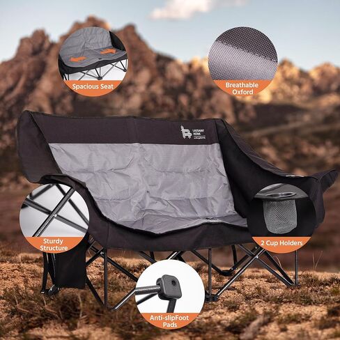 LAUSAINT HOME Double Camping Chair, Oversized Camping Loveseat with Cup Holder, Heavy Duty Portable Camping Couch, Outdoor Double Folding Chair for Patio, Lawn and Garden, Black in Kuwait