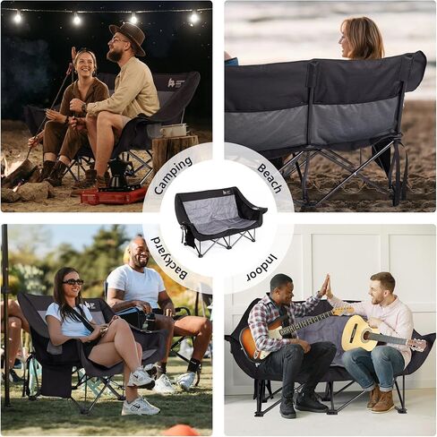 LAUSAINT HOME Double Camping Chair, Oversized Camping Loveseat with Cup Holder, Heavy Duty Portable Camping Couch, Outdoor Double Folding Chair for Patio, Lawn and Garden, Black in Kuwait