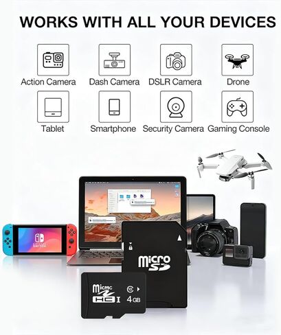 Micro Memory Card,TF Card Micro SD Memory Card,Class 10/UHS-I/A1 TransFlash Card,90MB/s Read Speed,4K UHD&5K Video Support,TF Card for Smartphone,Drone,Security Camera,PC,DSLR Camera,4G Capacities in Kuwait