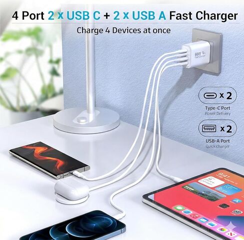 كتلة شاحن USB-C بقدرة 60 واط من TT&C (عبوة من قطعتين)، محور شحن سريع بـ 4 منافذ (2 USB-C، 2 USB-A)، قابس حائط PD 3.0 متوافق مع iPhone 17/16/15 وiPad وSamsung Galaxy S25/S24/S23 in Kuwait