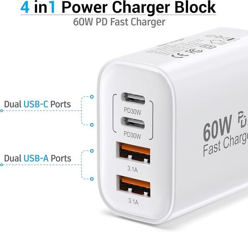 كتلة شاحن USB-C بقدرة 60 واط من TT&C (عبوة من قطعتين)، محور شحن سريع بـ 4 منافذ (2 USB-C، 2 USB-A)، قابس حائط PD 3.0 متوافق مع iPhone 17/16/15 وiPad وSamsung Galaxy S25/S24/S23 in Kuwait